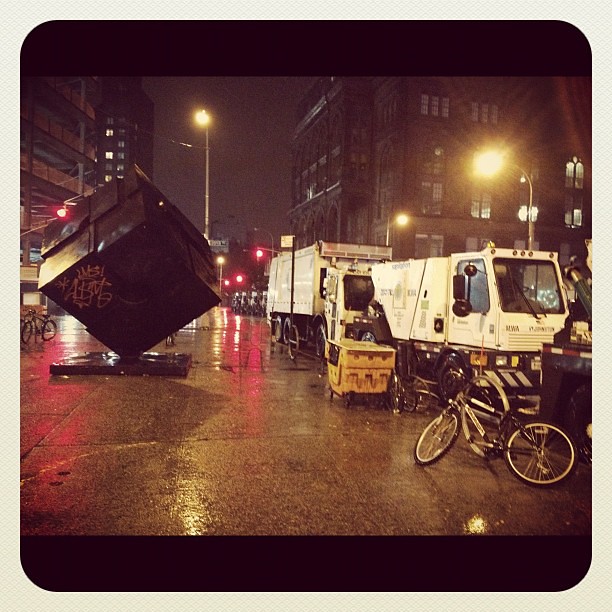 The Astor Place Cube in the East Village during hurricane Sandy