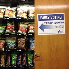This vending machine is right at waiting line to vote. I voted for Baked Cheetos.