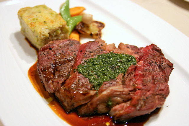 Full a la carte portion: Grilled Basque Wagyu Striploin  with Leek Bread Pudding  & Roasted Sesame-Coriander Vegetables