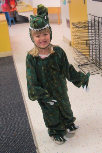 Catie the dinosaur at the daycare Halloween party