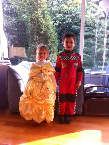 Princess Elaine and race car driver Scott before going to school during Halloween 2012