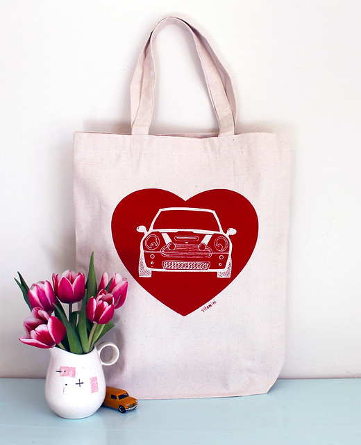 mini cooper love heart tote bag handmade by vitamini