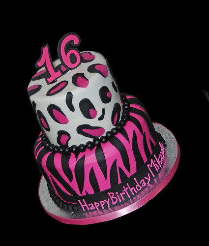 pink and black zebra and cheetah print sweet 16 birthday cake