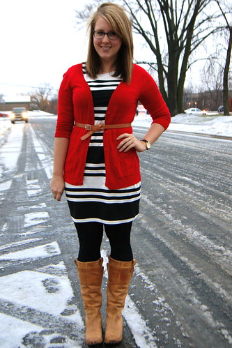 Red Cardigan, Striped Dress