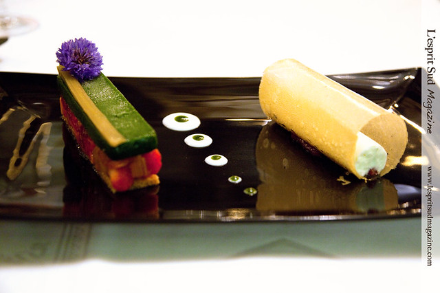 Dessert:  Moelleux au fromage frais en faisselle, des fraises et rhubarbe en sorbet - {Le Grand Véfour, Paris}