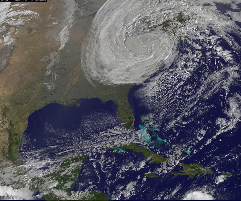 satellite image of Hurricane Sandy over the east coast of the United States