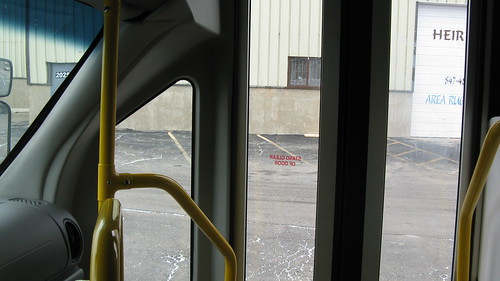 The driver's perspective of the front entrance doors aboard a Ford paratransit mini bus. by Eddie from Chicago