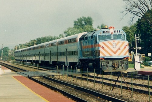 Westbound Metra local commuter train.  Elmhurst Illinois.  August 1988. by Eddie from Chicago