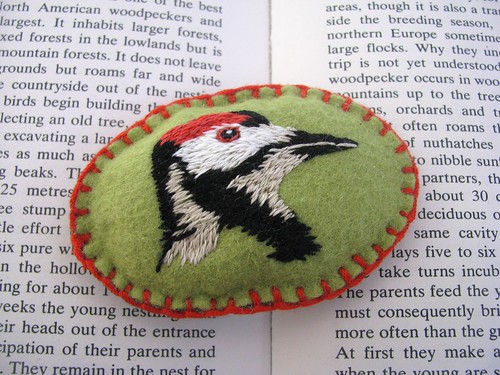 Woodpecker Hand Embroidered Brooch by Handmade and Heritage