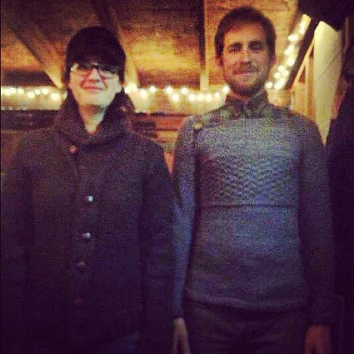 Dane and I wearing each other's hand knit sweaters.