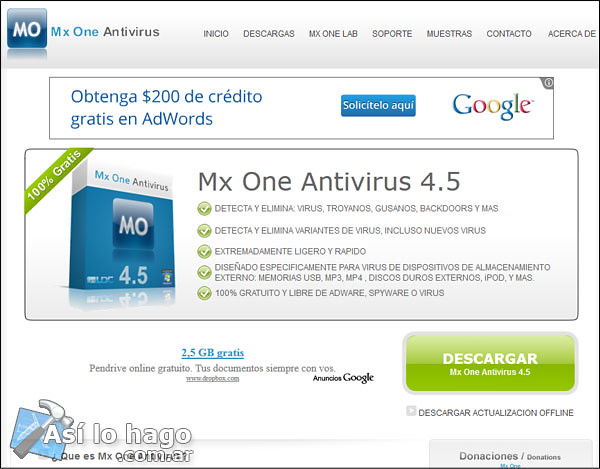 Página de Mx One Antivirus