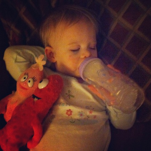 Bedtime prerequisites: bottle & Yo Gabba Gabba dolls.
