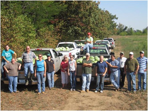 USDA employees and friends at the watermelon field just after picking watermelons. The watermelons were donated to food banks in Sikeston and Cape Girardeau, Missouri.