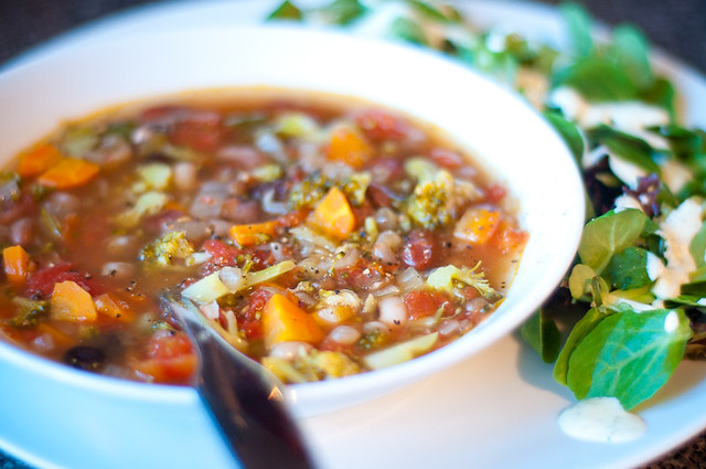hearty minestrone with buttermilk ranch salad