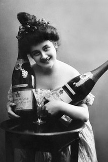 1890s-era lady grinning, holding a giant bottle of champagne in each hand