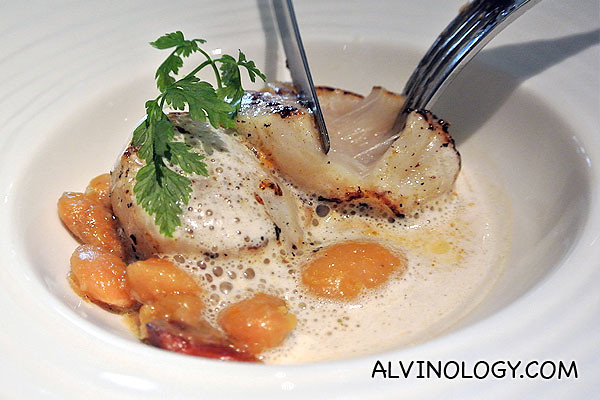 The scallop is lightly cooked to keep the soft texture