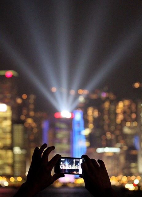 mobile phone photography - Night laser lightshow Hong Kong harbour