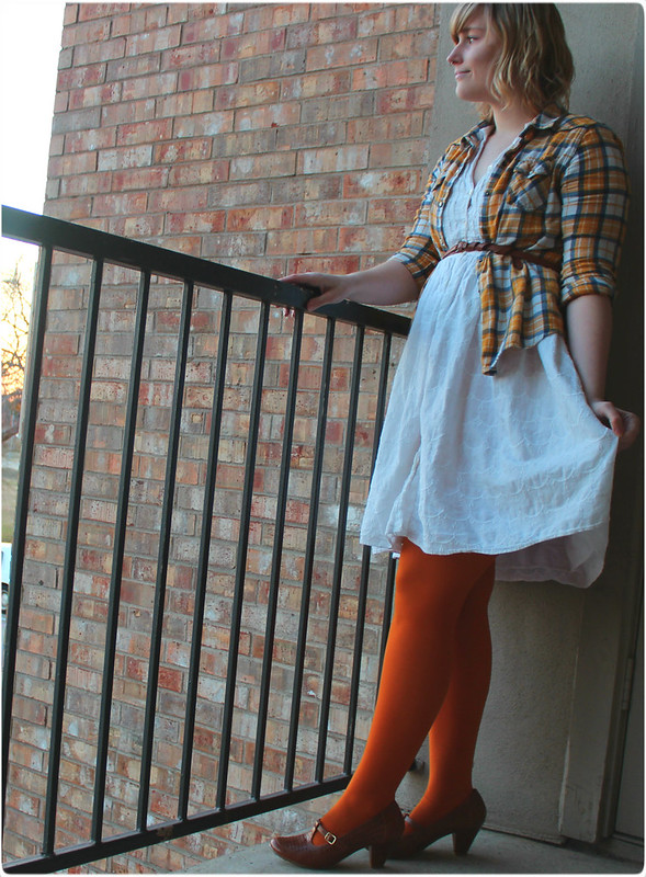 Plaid shirt and a white dress with bright tights
