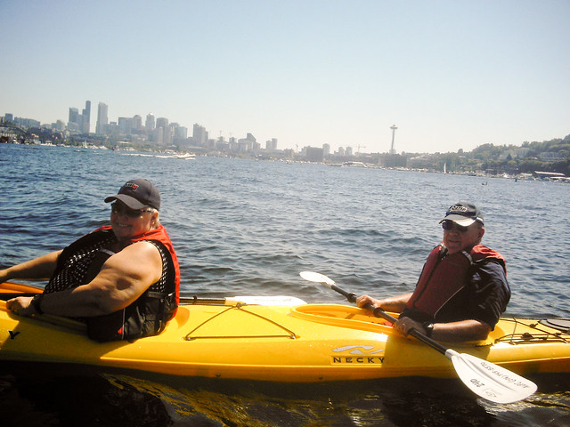 Mom and Dad, kayaking in Lake Union