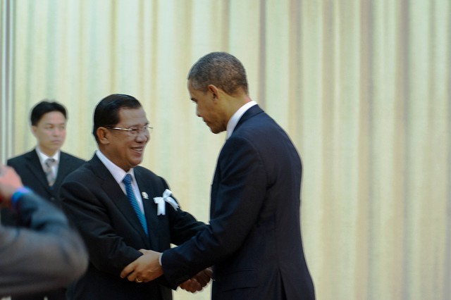 President Obama Is Greeted By Cambodian Prime Minister Hun Sen