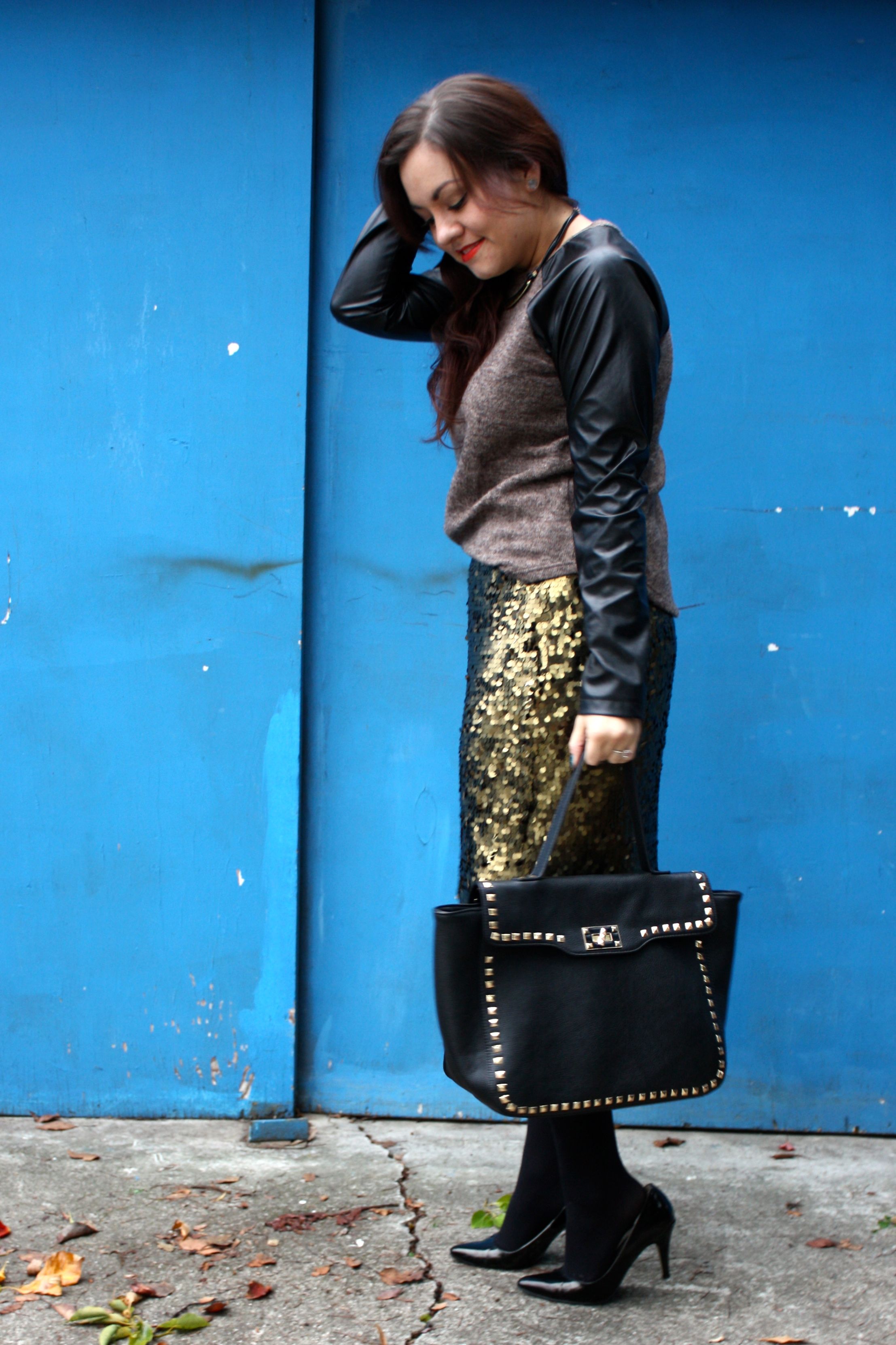sequin pencil skirt - leather sleeve raglan sweater - studded trim tote - tights - ankle boots02