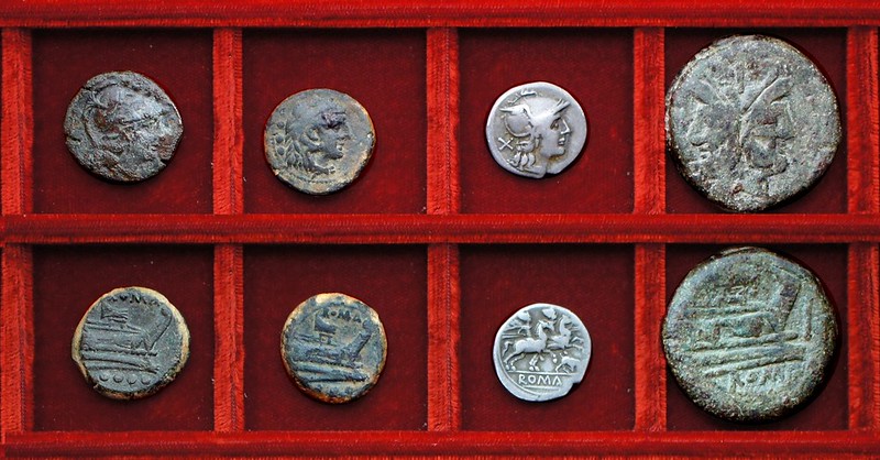 RRC 114 rostrum tridens bronzes, RRC 116 butting bull denarius, As, Ahala collection, coins of the Roman Republic