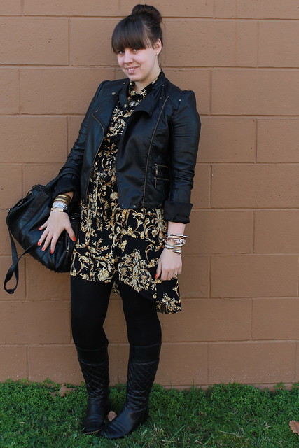 Scarf-print outfit: Forever 21 scarf-print shirtdress, black tights, quilted leather boots, spiky necklace, studded-bottom bag, motorcycle jacet
