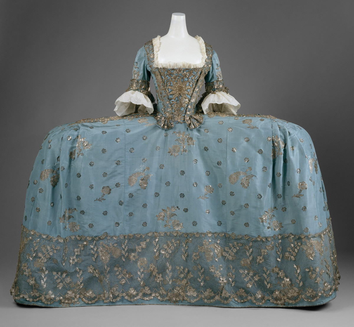 c. 1750. Court dress. British. Silk, metallic thread. metmuseum