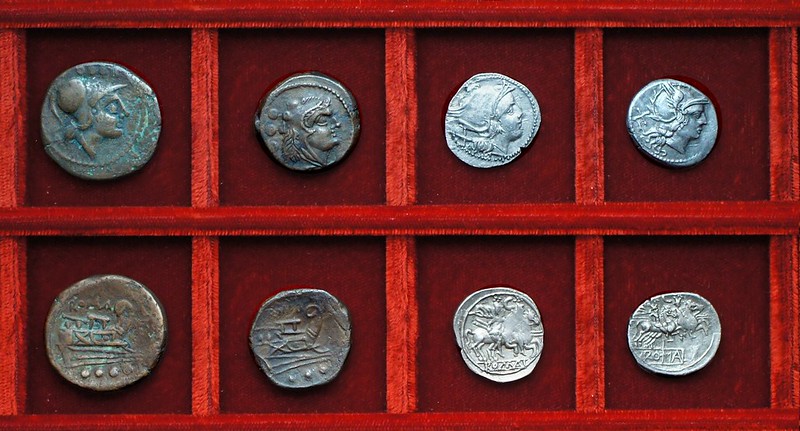 RRC 106 staff and club anonymous bronzes McCabe group E1, RRC 107 C denarii, Ahala collection, coins of the Roman Republic