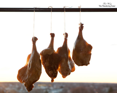 Homemade Chinese cured goose leg (臘鹅腿) getting air dried in the morning NYC sun