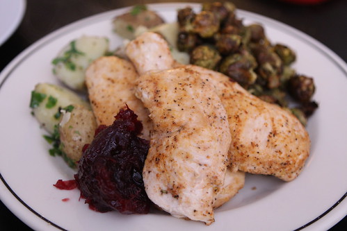 Pan Roasted Chicken Breast with Roasted Brussels Sprouts, Boiled Potatoes, and Cranberry Bacon Chutney