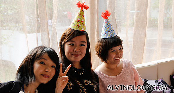 Bloggers Tiffany, Michelle and Yan Teng with their party hats 