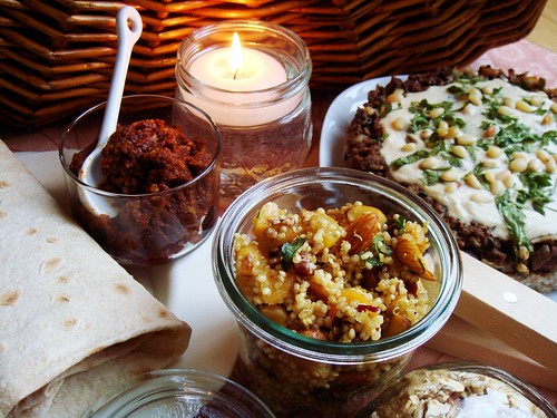 Indoor Picnic: Mouhamara Halabiya, Lavash, Quinoa Salad, Open Kibbeh