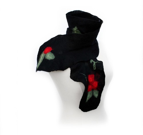 Black Ruffle Scarf With Red Flowers Berries Leaves