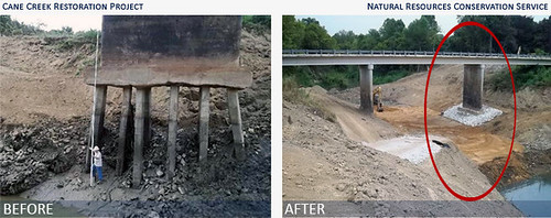 Critically damaged pilings from the erosion of past flooding events nearly crippled the mobility of residents in the Cane Creek watershed