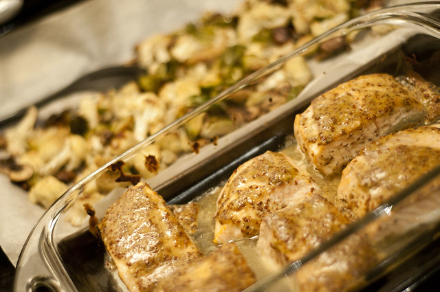 maple-mustard salmon with roasted cauliflower, brussels sprouts and mushrooms