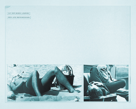 A page from Wex's work. At the bottom of a large white page are two candid pictures of men. One man lies on a beach, his knees up and spread apart. In the other picture, a man lies on a public bench, his knees also spread. 
