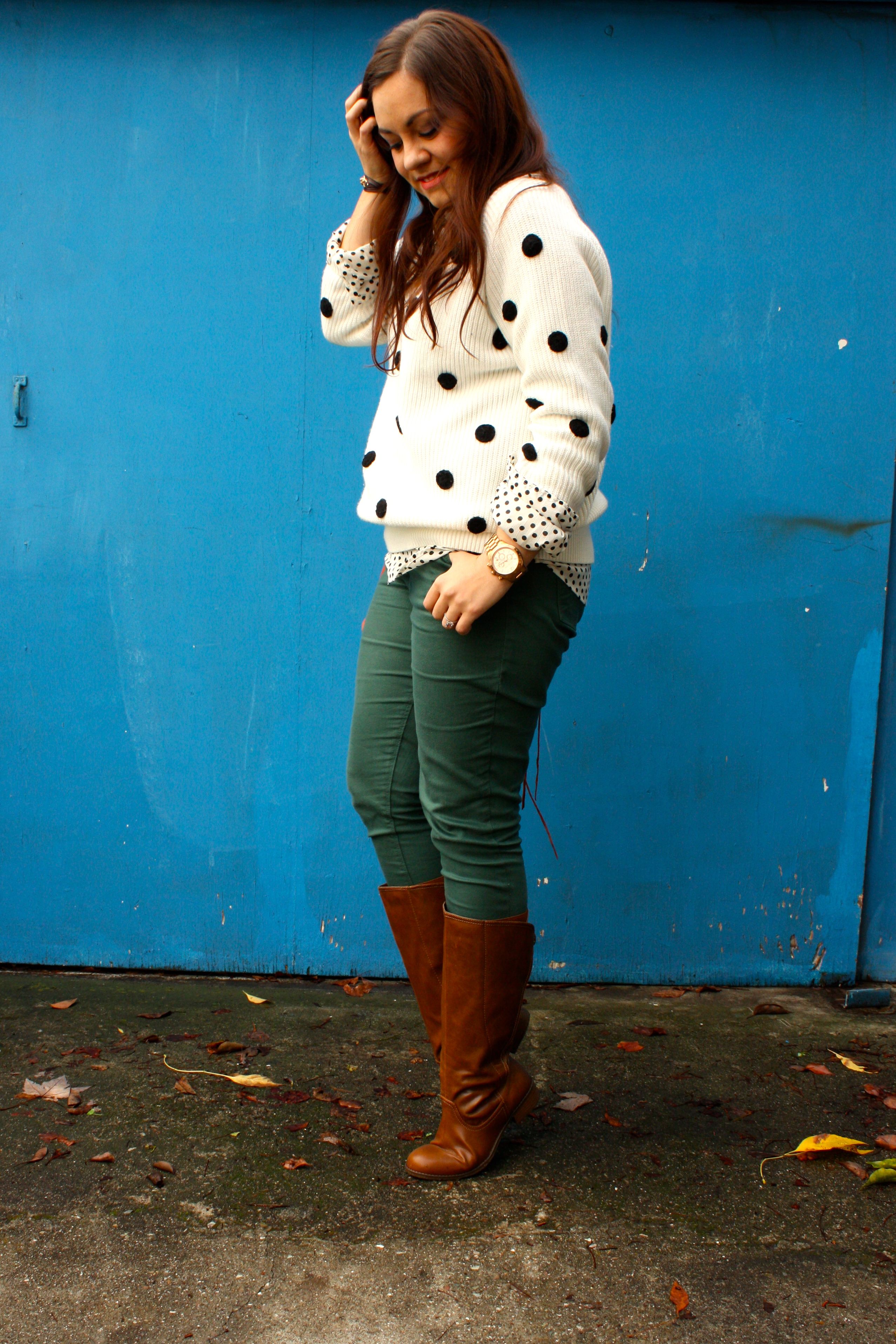 polka dot sweater and blouse - forest green jeans - congac boots - orange rebecca minkoff mac06