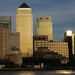 Canary Wharf bathed in golden light