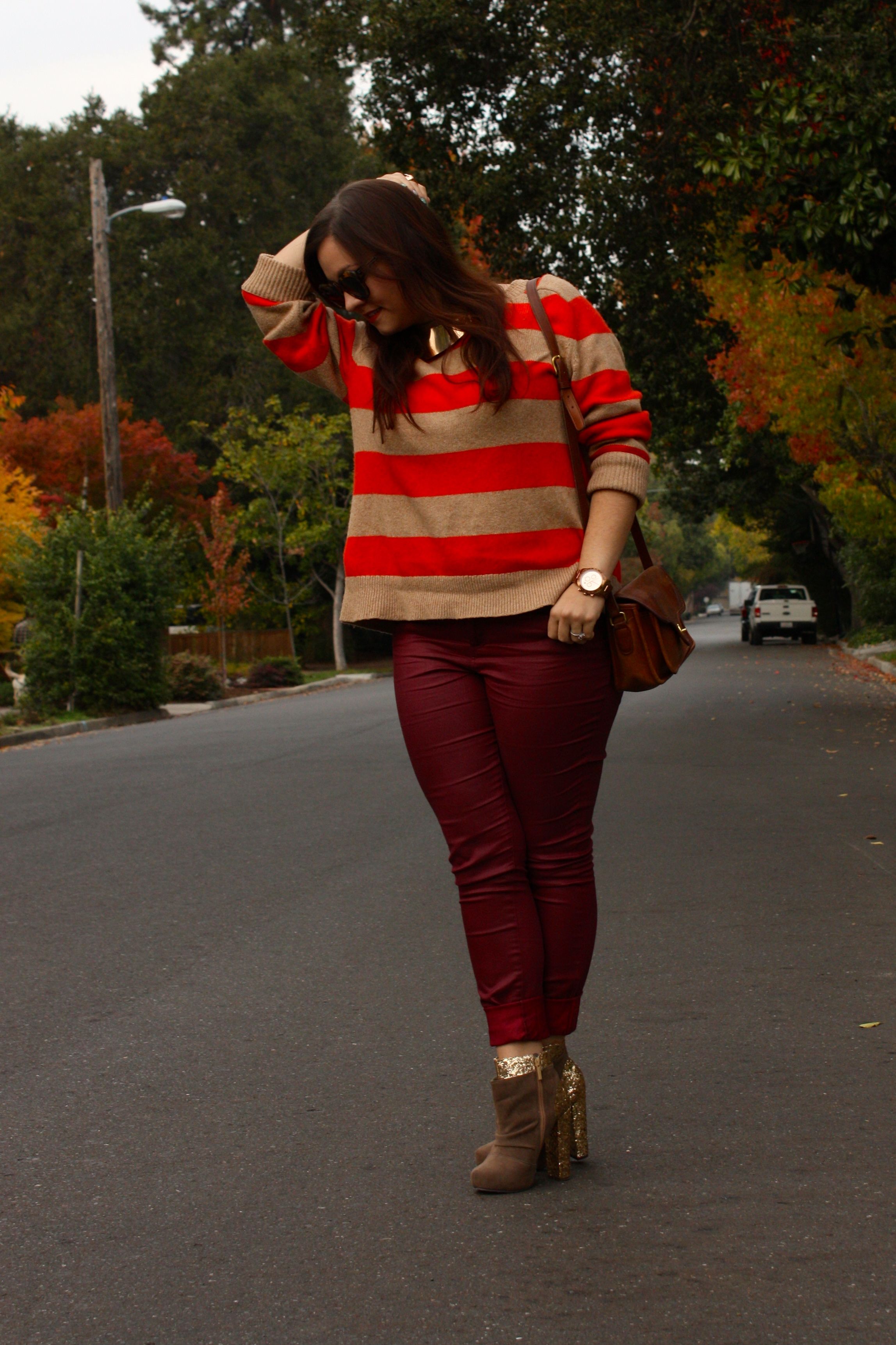 burgundy waxed jeans with orange striped lands end sweater and brown coach bag plus glitter booties04
