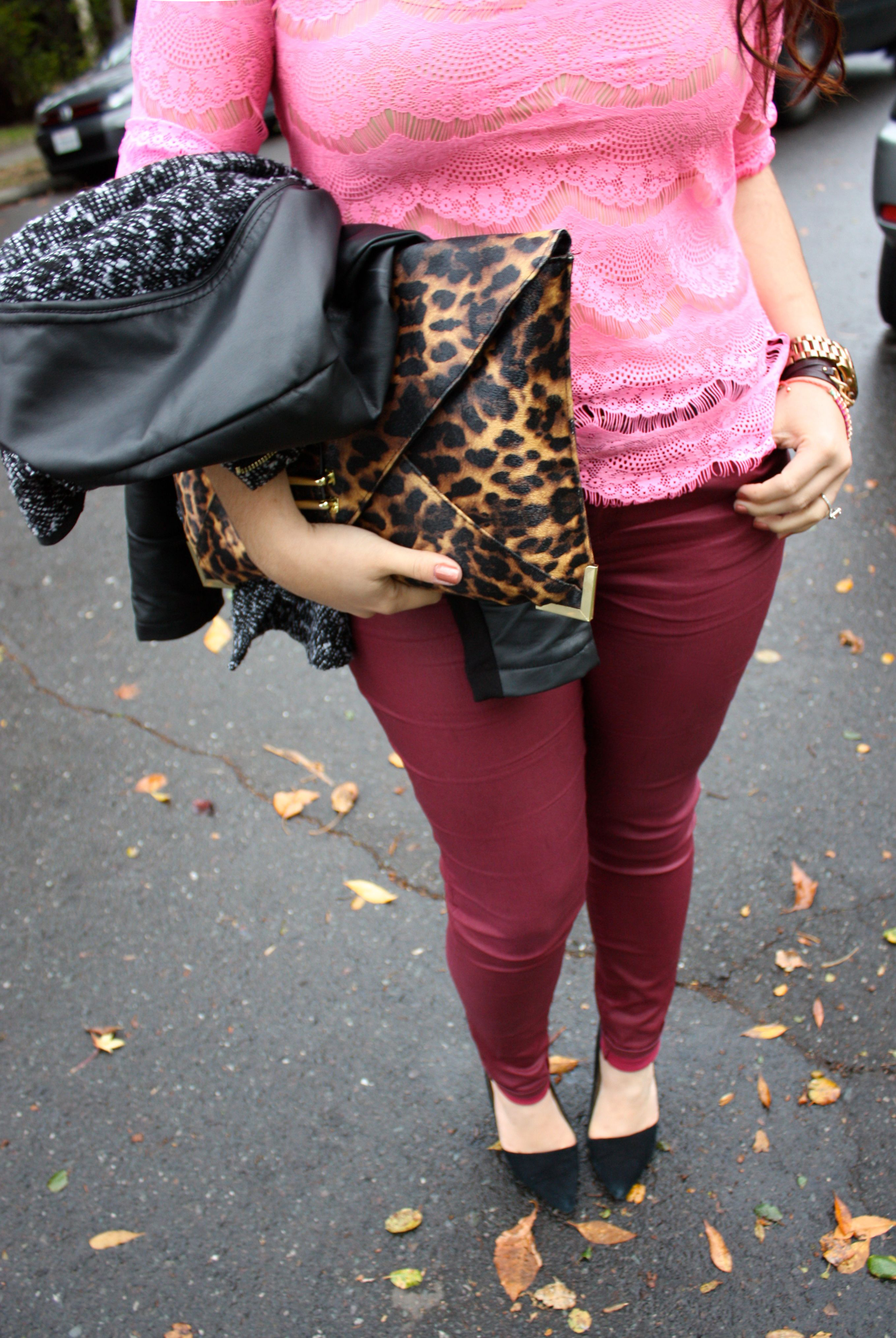 neon lace top - burgundy waxed jeans - tweed and leather peplum jacket - leopard envelope clutch14