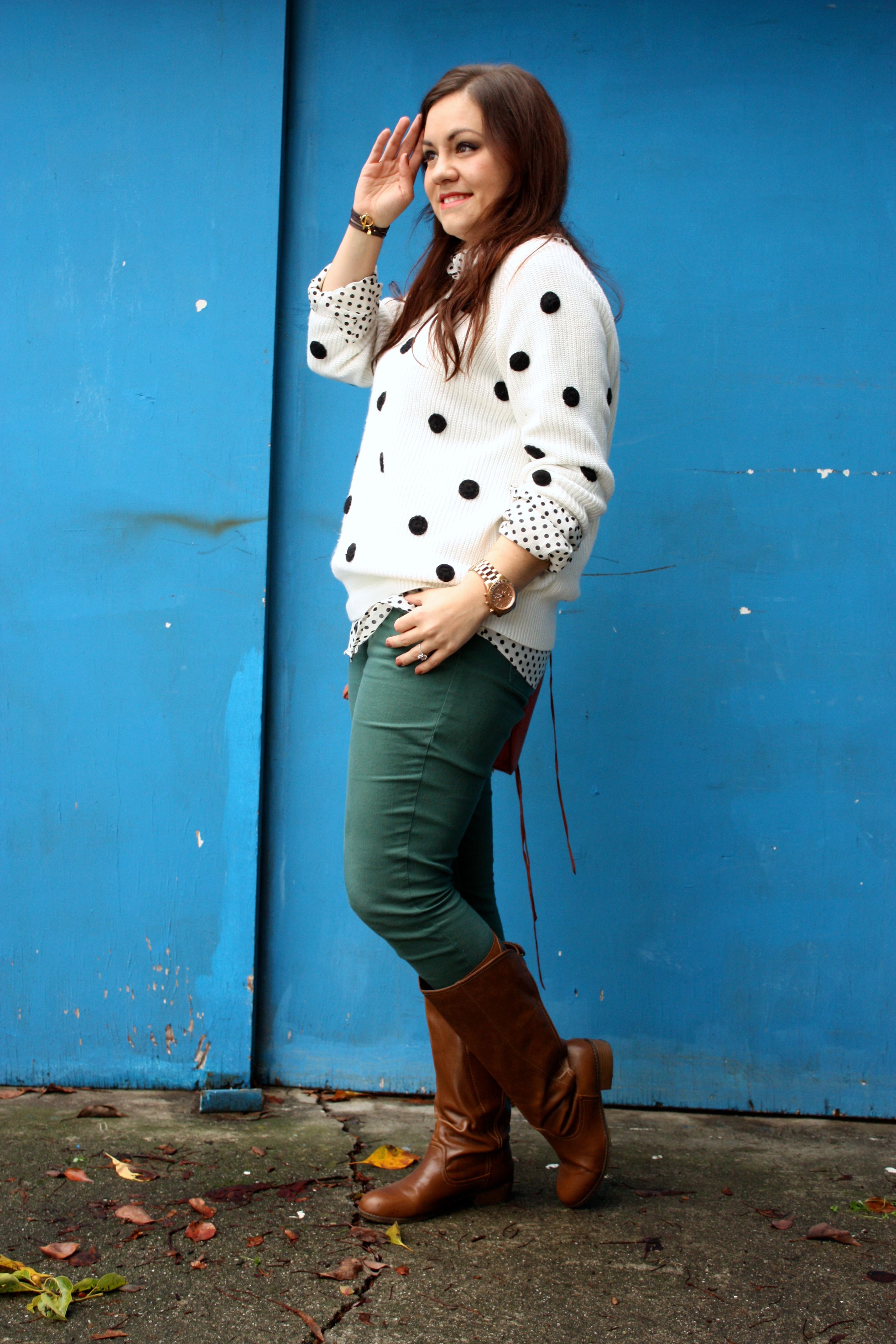 polka dot sweater and blouse - forest green jeans - congac boots - orange rebecca minkoff mac02