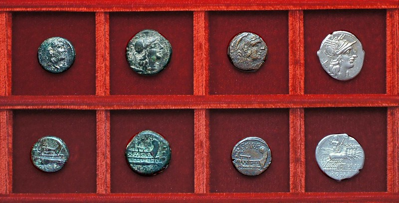 RRC 239 C.SERVEILI M.F Servilia quadrans, RRC 240 C.CVR F Victory bronzes, RRC 241 L.TREBANI Trebania denarius, Ahala collection, coins of the Roman Republic
