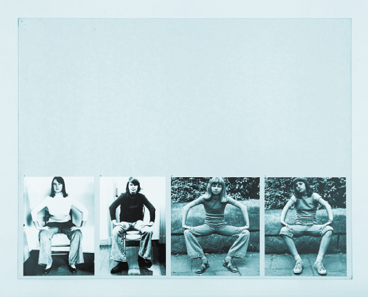 A page from Wex's work. At the bottom of a large white page are four photos of women sitting. They are purposefully sitting with their legs apart with their hands resting on their knees, mimicking the way that men often sit in public places. The photos are shot from the same distance which brings out the repetition of the form and stance.