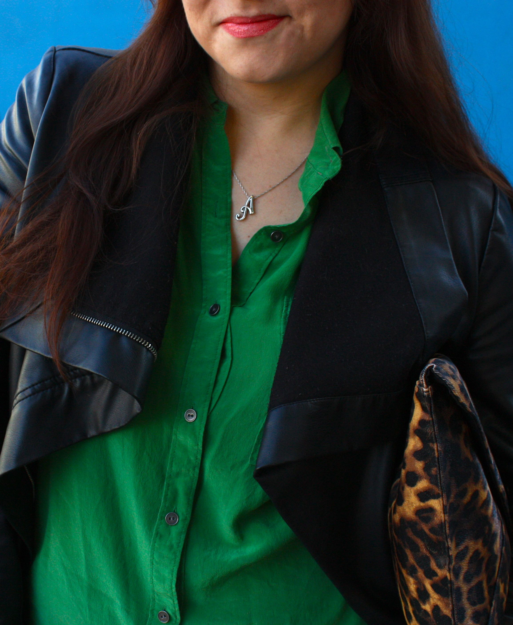 draped shawl collar moto jacket - emerald silk blouse - cuffed jeans - black aldo romelia pumps - leopard clutch17