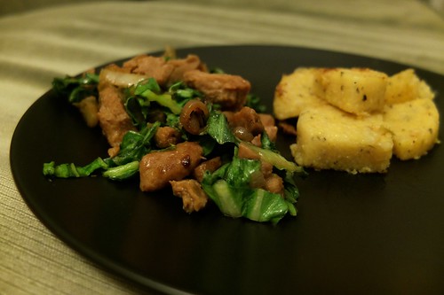pok choi and seitan stirfy with polenta on the side