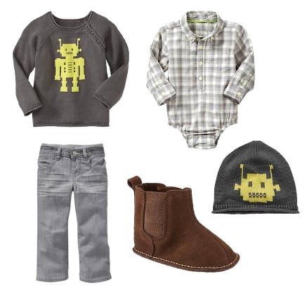 Gray robot sweater with plaid bodysuit for infant boys