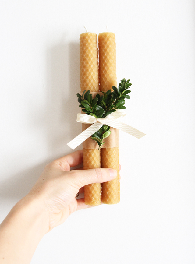 beeswax candle and boxwood