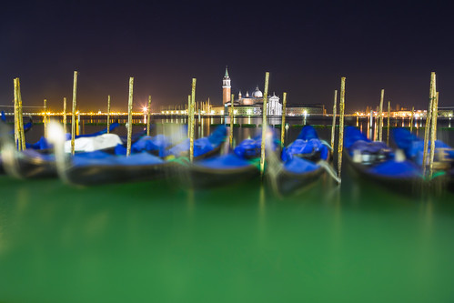 Bottle Green (Moored Gondolas By Night), Venice by flatworldsedge