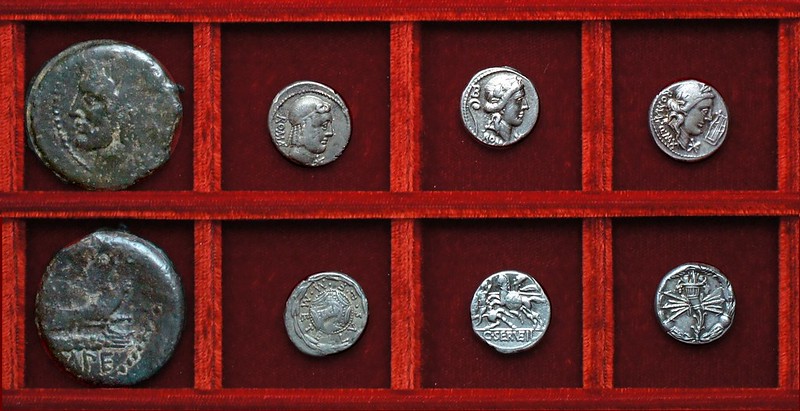 RRC 368 L.SVLA IMPE Cornelia As, RRC 369 M.METELLVS Caecilia, RRC 370 C.SERVEIL Servilia, RRC 371 Q.MAX Fabia, Ahala collection, coins of the Roman Republic